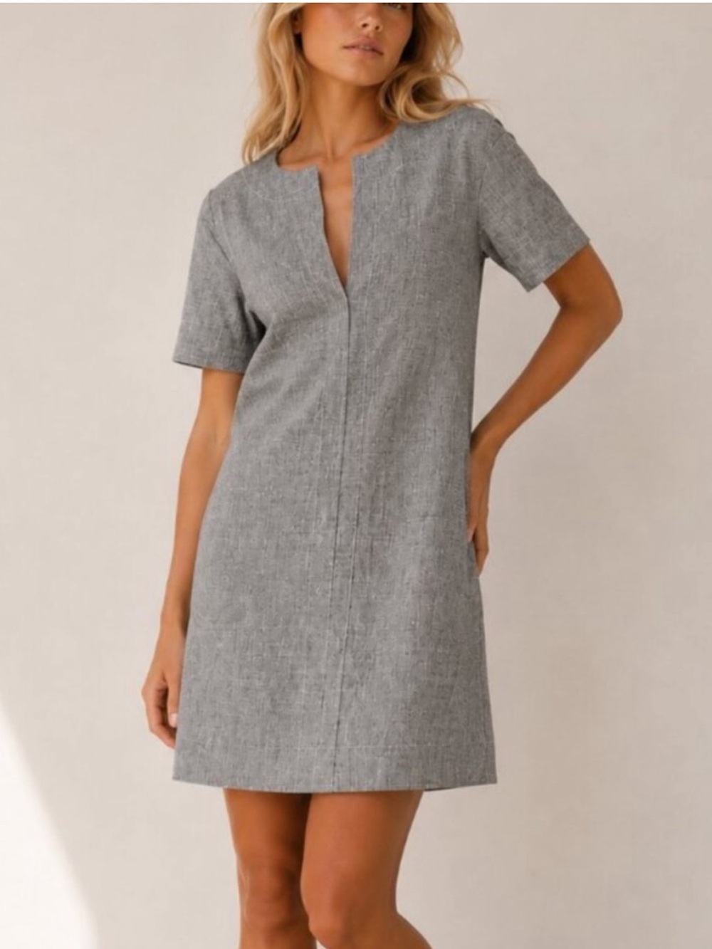 Women’s Theory Linen Blend Gray Short Sleeve Slit Front Shift Dress Sz M Capsule